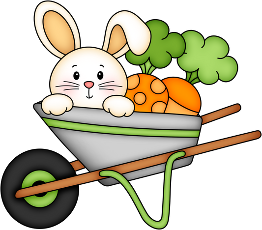 Easter bunny with a wheelbarrow full of carrots cutter